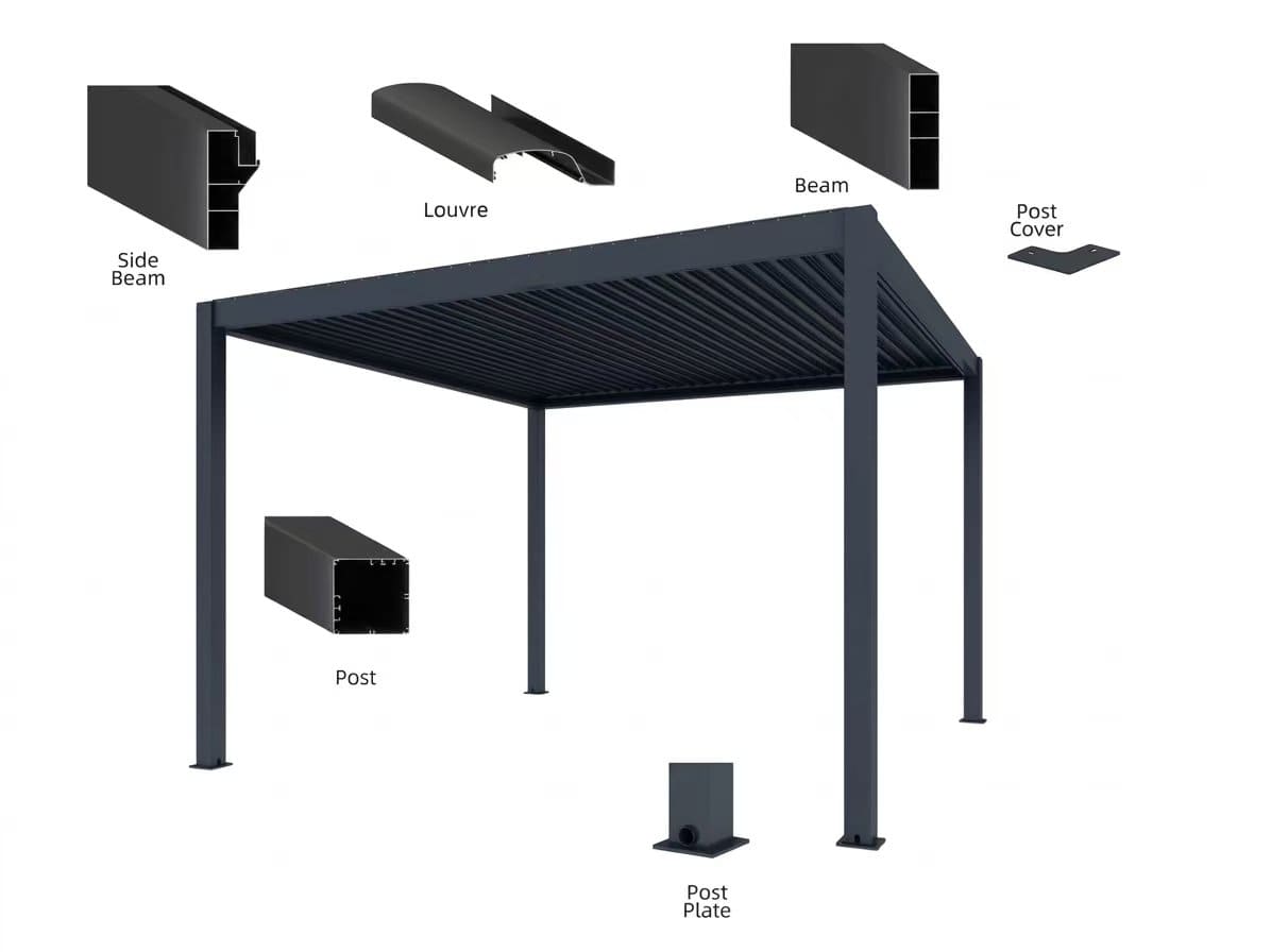 Custom architectural aluminum pergola installed for an international project