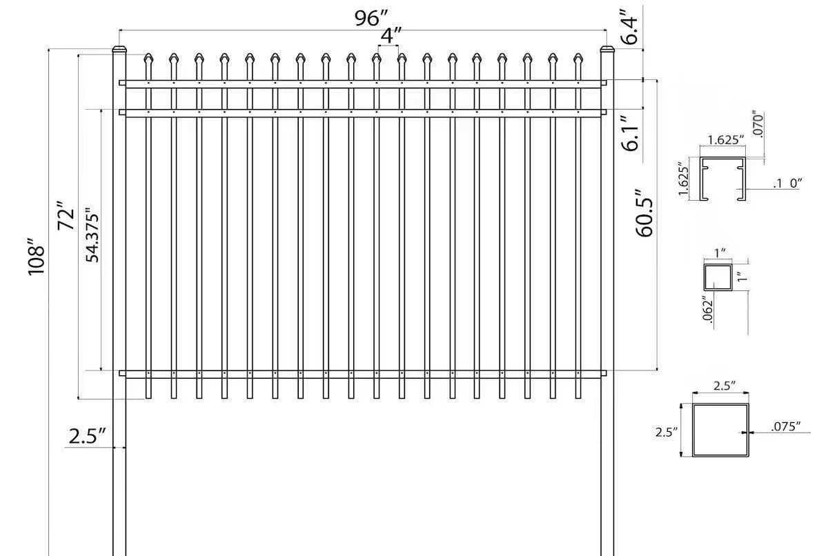 VALUNO aluminum picket fence technical drawing showing picket profiles rails posts spacing and connection structure