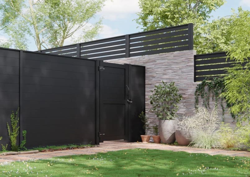 VALUNO aluminum fence and gate matching system showing coordinated entrance design