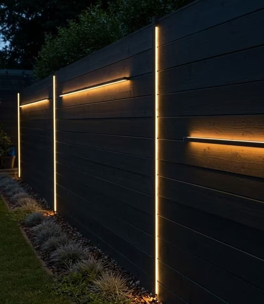 Aluminum privacy fence with optional integrated LED lighting