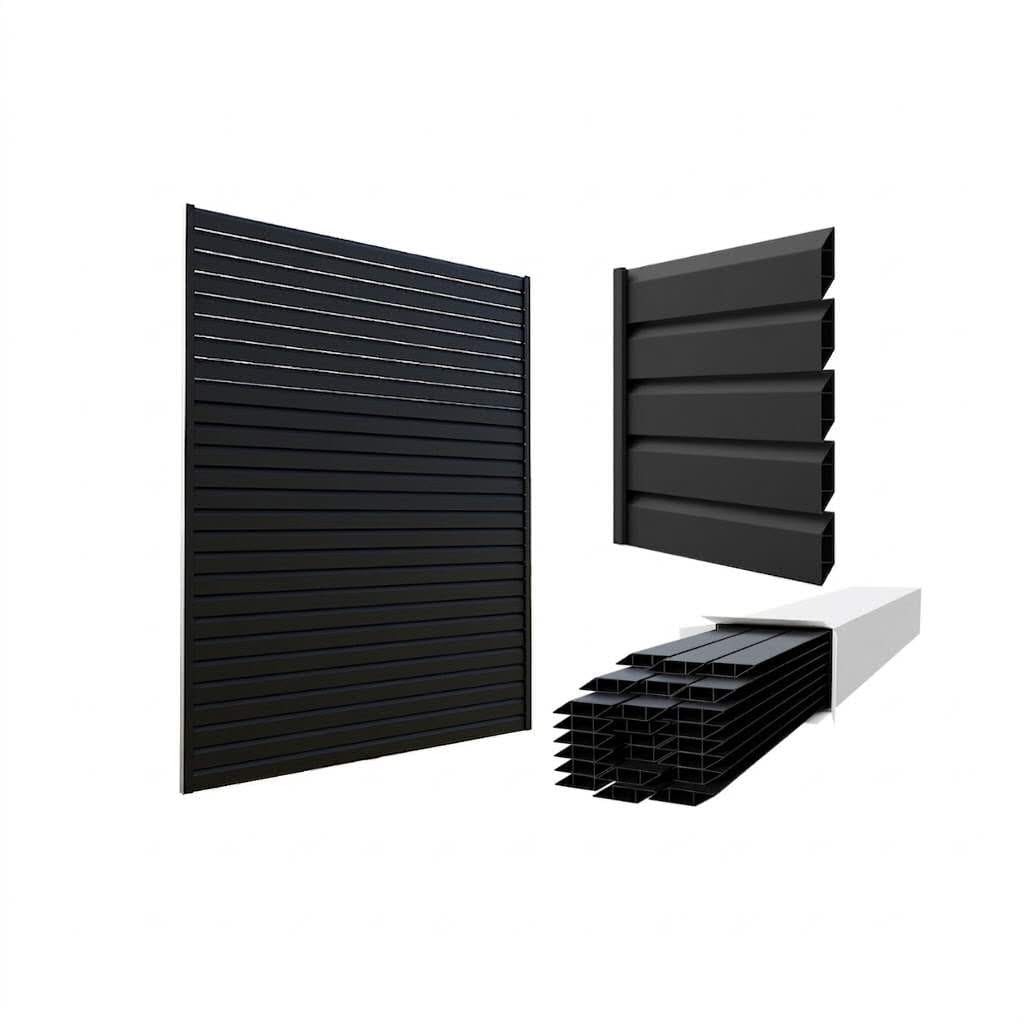 Aluminum louver fence structure diagram showing profile sections and component assembly