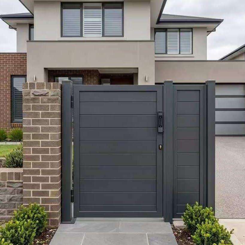 Single swing aluminum gate at a modern property boundary