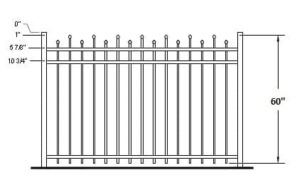 Structural diagram of a VALUNO aluminum picket fence showing posts, rails, pickets, and mounting components