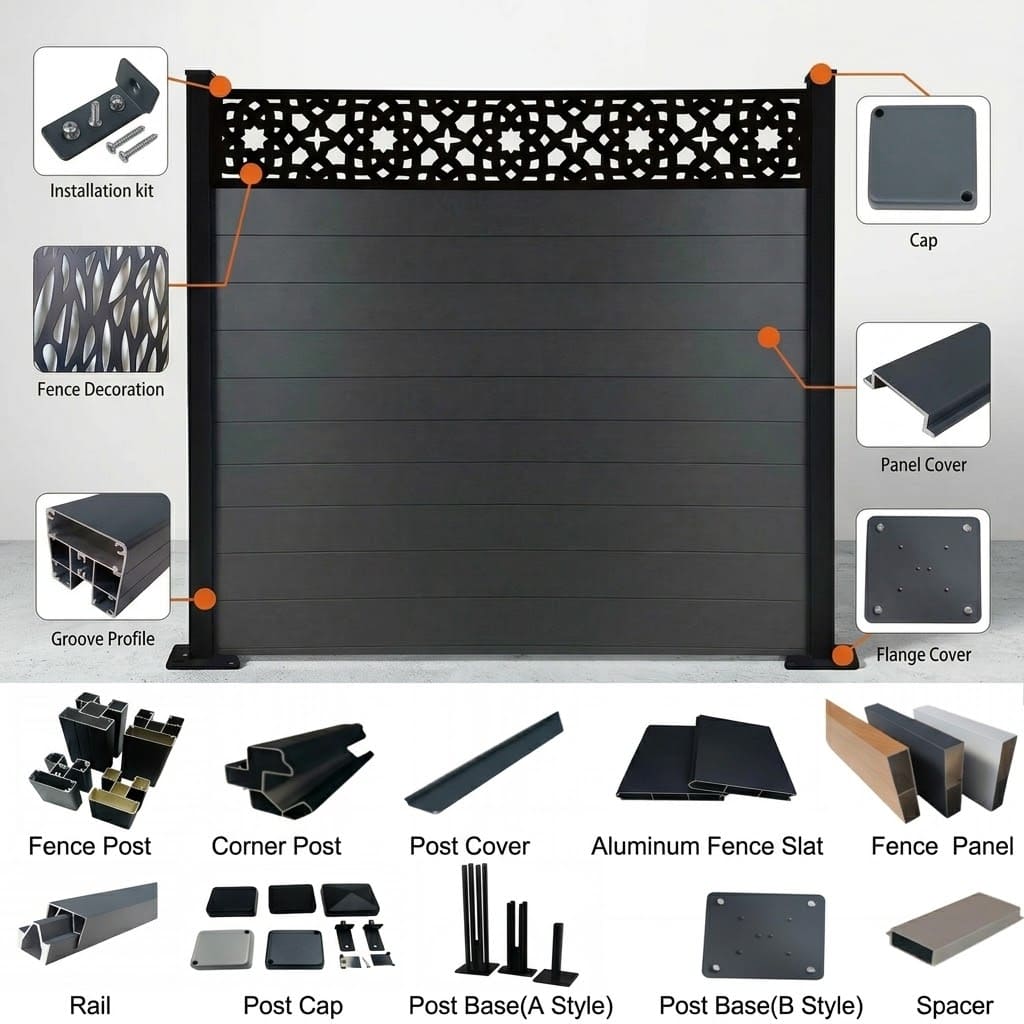 Dark powder-coated aluminum privacy fence system with coordinated slats, rails and posts