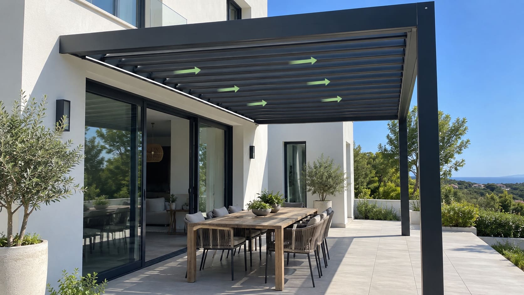 Wall mounted aluminum pergola with louvers parallel to the wall