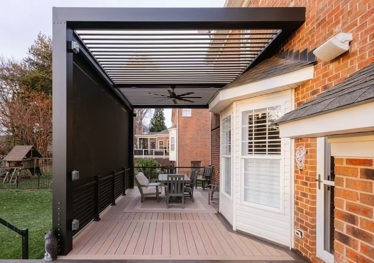 Wall mounted aluminum pergola for a hotel and resort outdoor terrace
