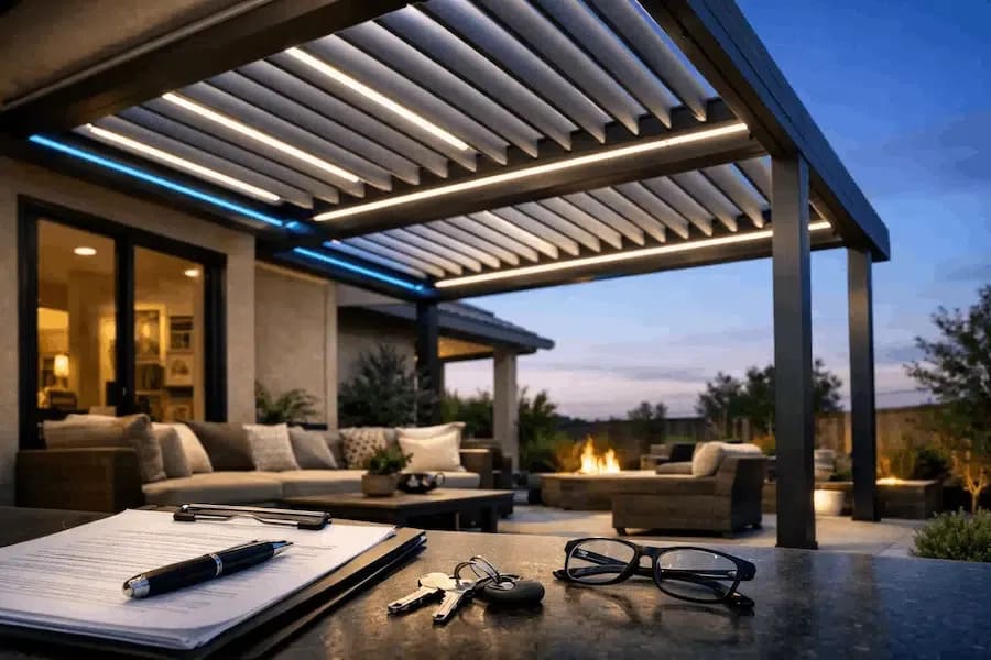 Wall mounted aluminum pergola with integrated lighting