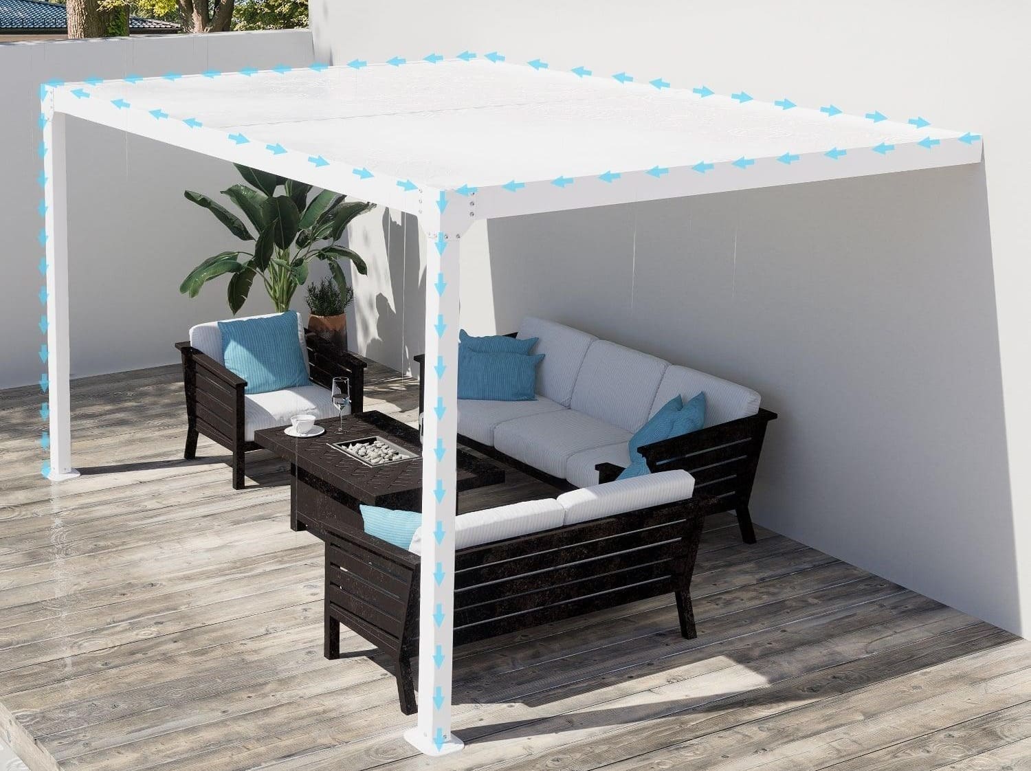 Wall-mounted aluminum pergola with integrated roof, beam and post drainage