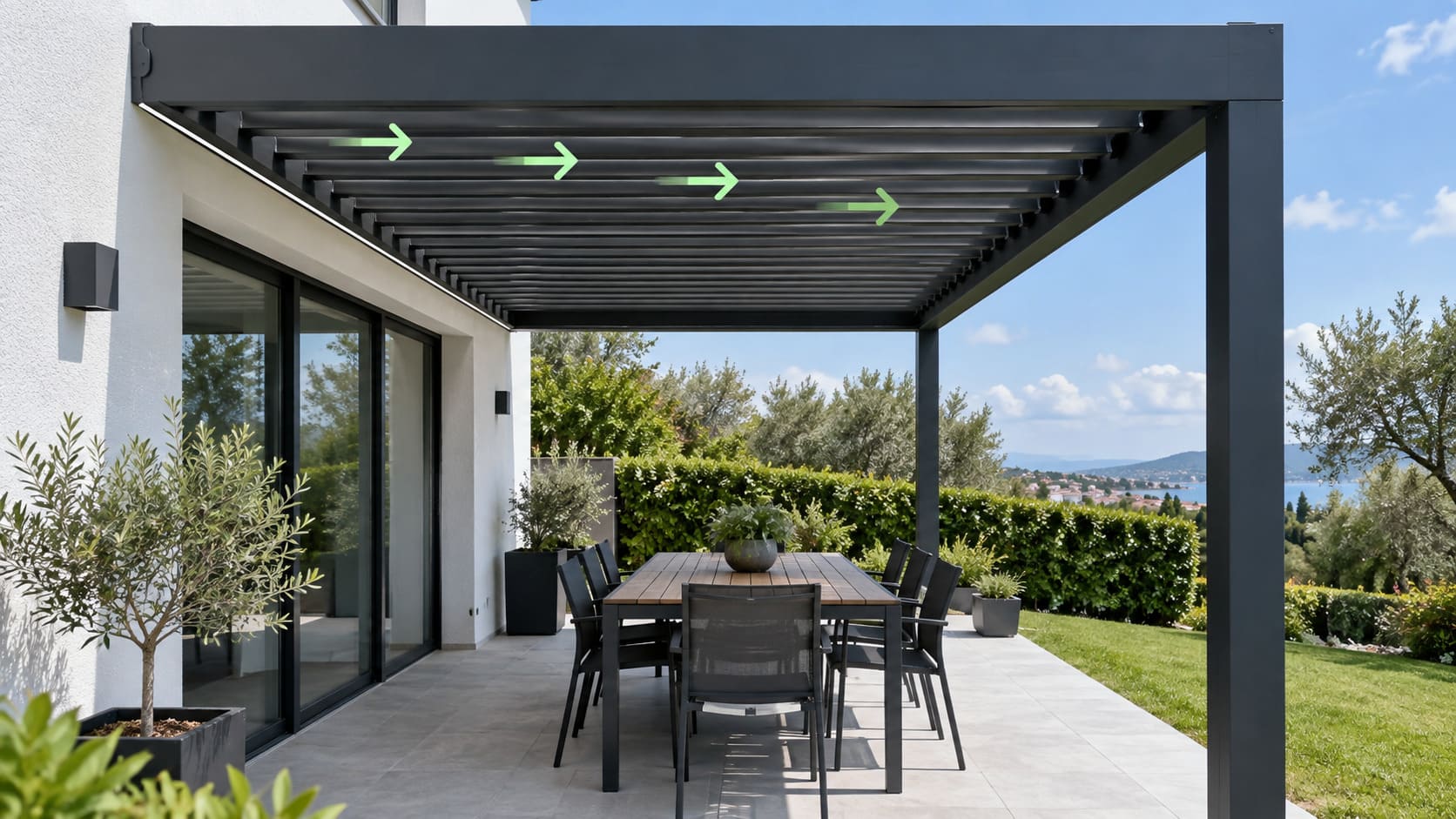 Wall-mounted aluminum pergola with louvers perpendicular to the wall