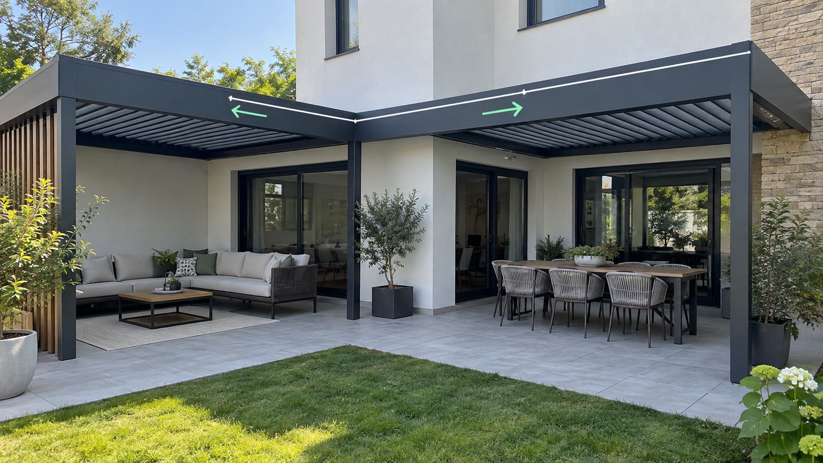 Wall mounted aluminum pergola installed alongside a contemporary building