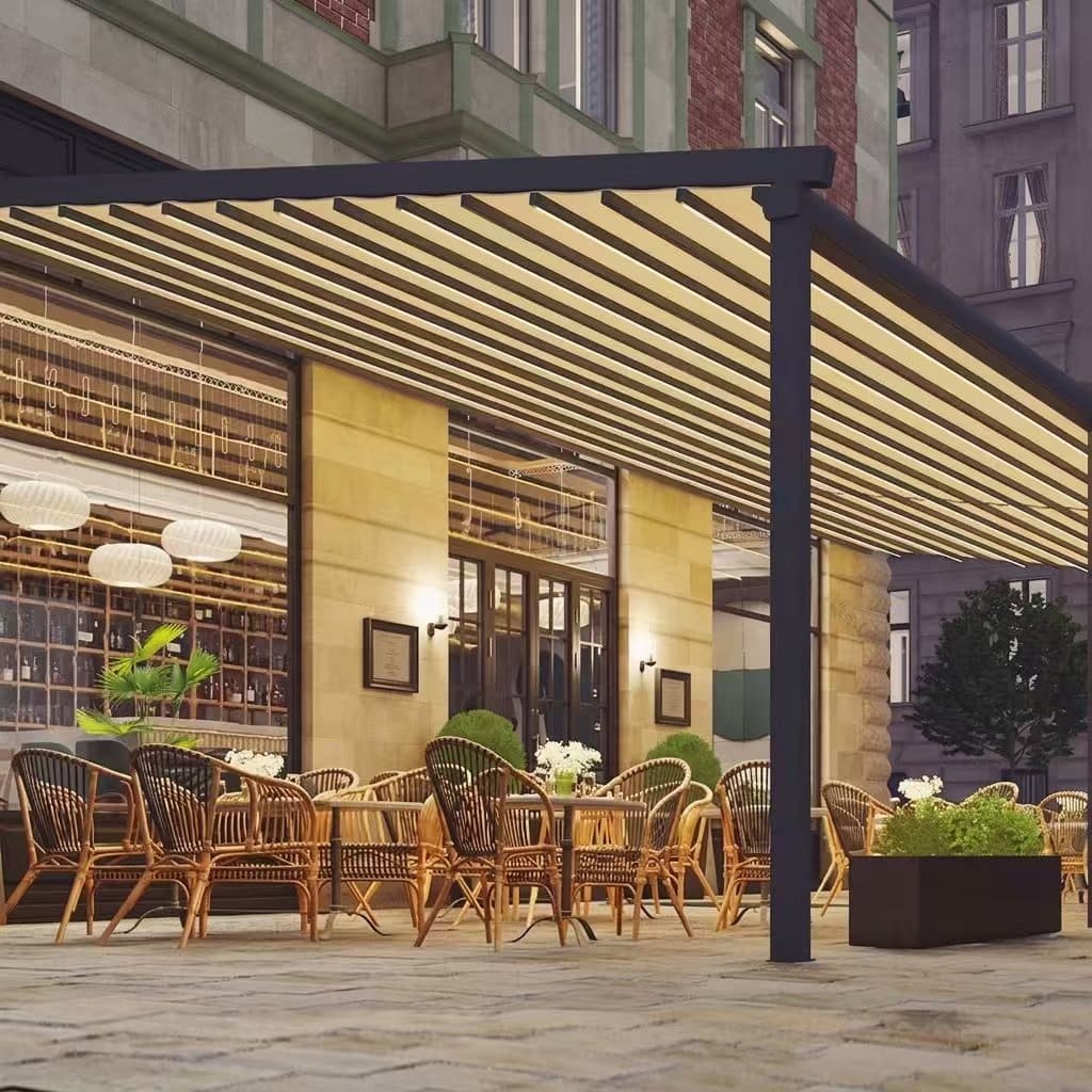 Wall mounted pergola application at a hotel terrace