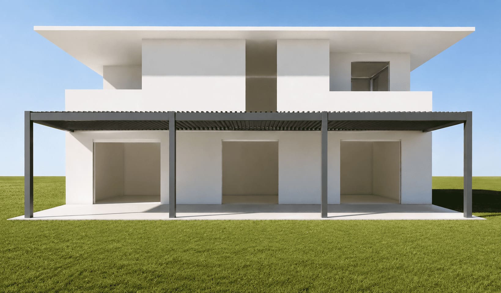 Freestanding aluminum pergola configuration across a large outdoor terrace