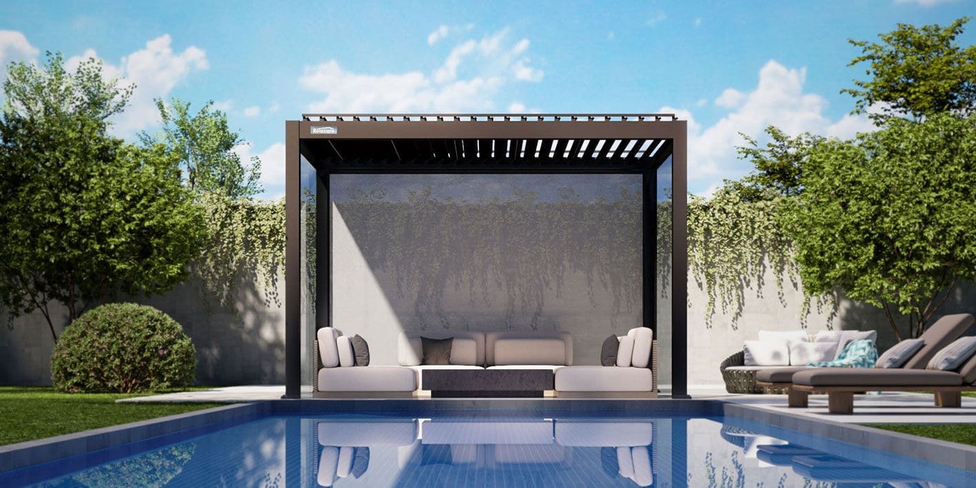 Freestanding pergola beside a poolside outdoor area