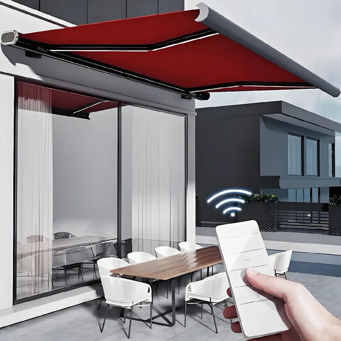 Full cassette awning with cassette housing folding arms and retractable fabric shade
