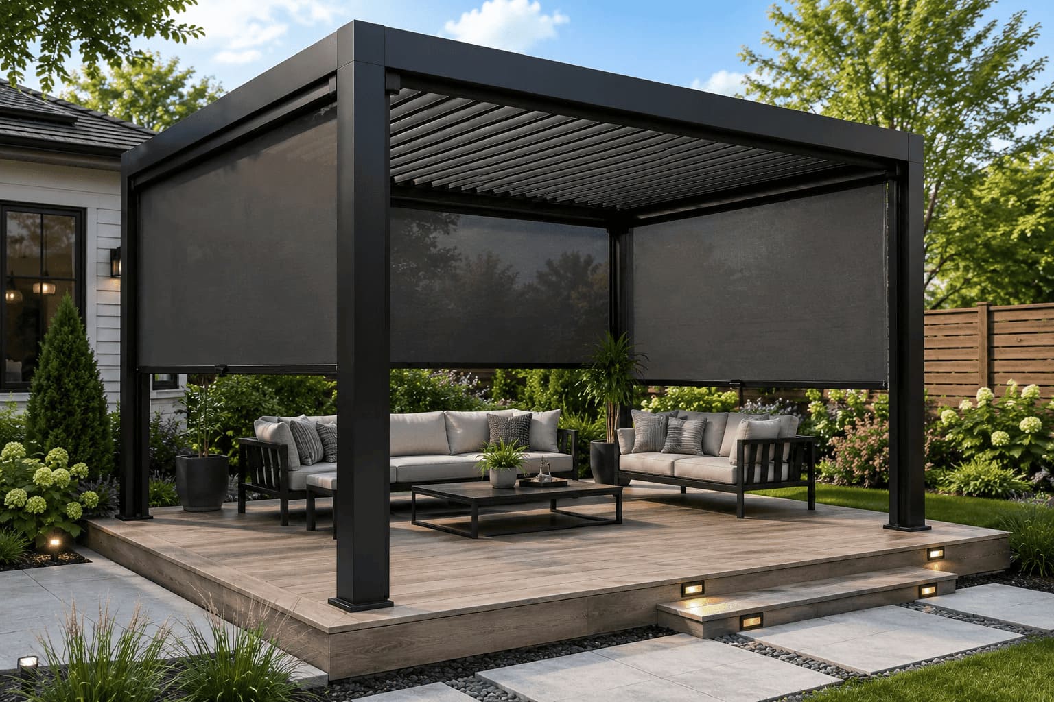 Freestanding pergola diagram showing ZIP screens installed on front left and right sides