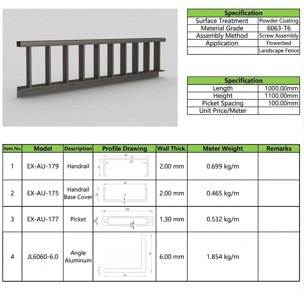 VALUNO aluminum fence OEM and ODM technical specification showing finished fence dimensions profile drawings wall thickness and meter weight