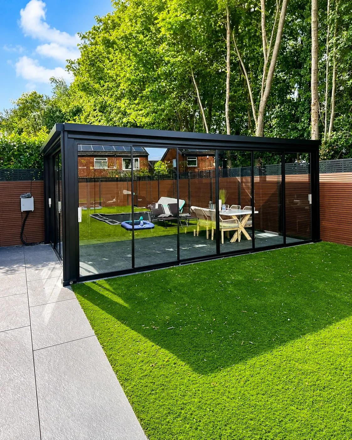Aluminum pergola with sliding glass enclosure